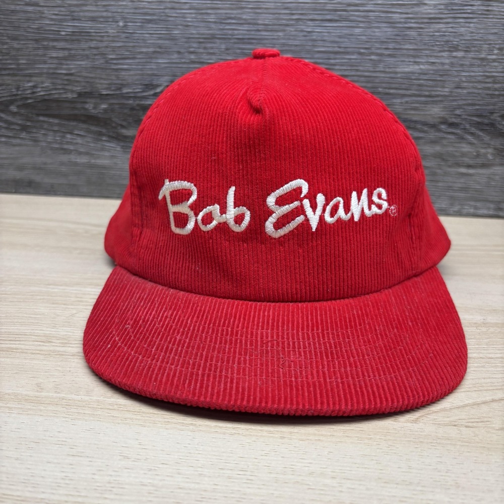 Vintage Bob Evans Hat Cap Snap Back One Size Red Corduroy Restaurant Mens